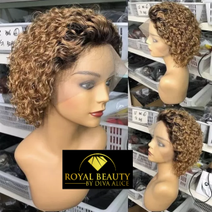 Wig pixie 100% Human Hair 1B/27 Color curly   13x4 Lace Wig Brazilian Indian Hair