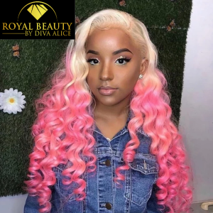perruque  pré-plumée loose wave couleur 613/rose, 200% densité 100% perruque de cheveux humains avec des racines foncées pour les femmes noires