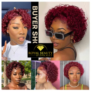 Wig pixie 100% Human Hair 99J and burgundy(rouge bordeau)Color curly   13x4 Lace Wig Brazilian Indian Hair
