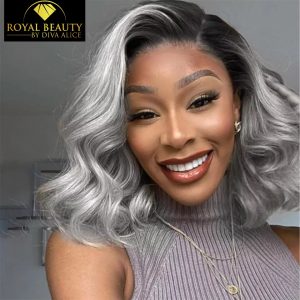 perruque Lace Frontal Bob couleur 1b/gris 200%, 100% Cheveux Humains Brésiliens