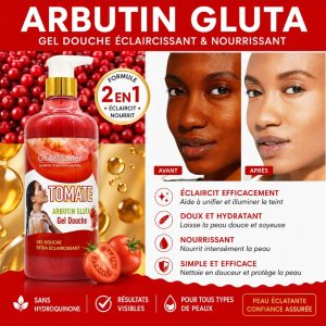 ARBUTINE GLUTA – Gel Douche Éclaircissant à la Tomate 🍅✨BOOSTER  DOUBLE BLANCHISSANT ET NOURRISSANT 1000ml
