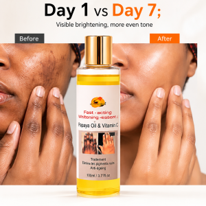 HUILE ÉCLAIRCISSANTE PAPAYE & VITAMINE C – TEINT UNIFORME ET ÉCLAT NATUREL Anti-taches -Dark spots Cible les taches, unifie le teint et redonne luminosité et confiance.200ml